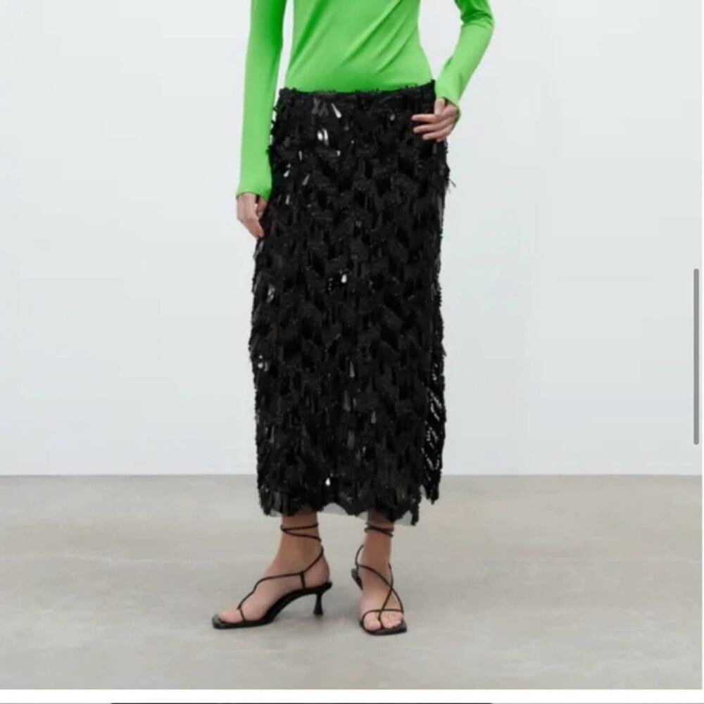 Zara Black Sequin Midi Skirt Size Extra Small XS - Picture 6 of 13